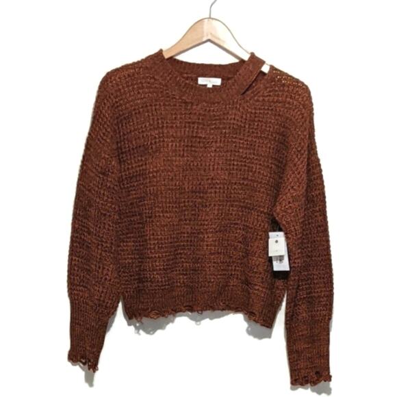Ultra Flirt Distressed Balloon Sleeve Sweater Brown Cozy Fall Casual Style L - Picture 1 of 13